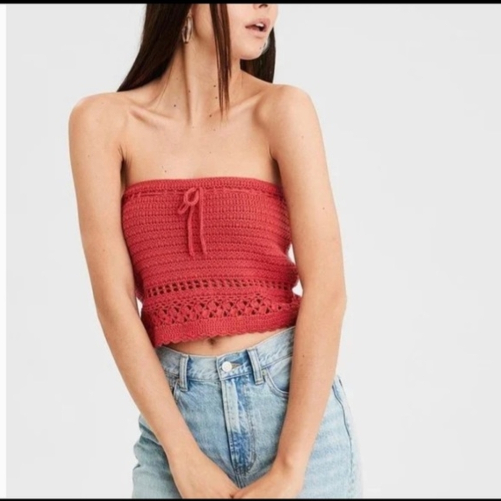 American Eagle Outfitters Red Crochet Strapless Crop Top